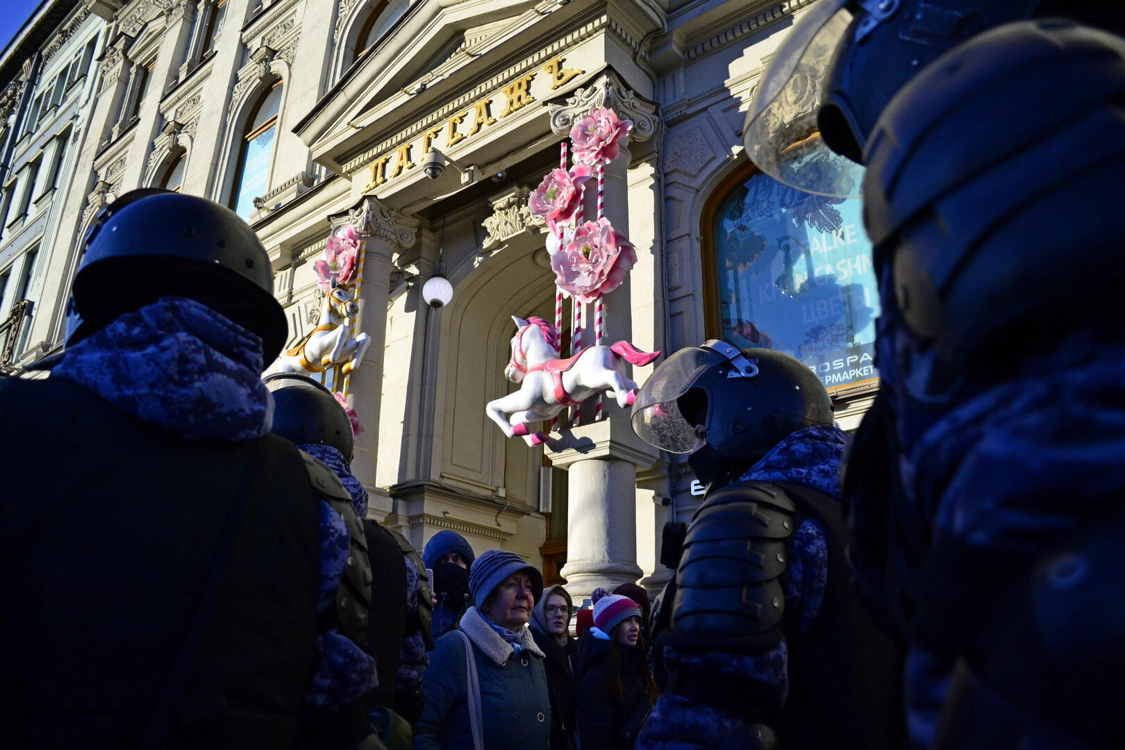 Russian policemen in St. Petersburg during a rally against the war in Ukraine