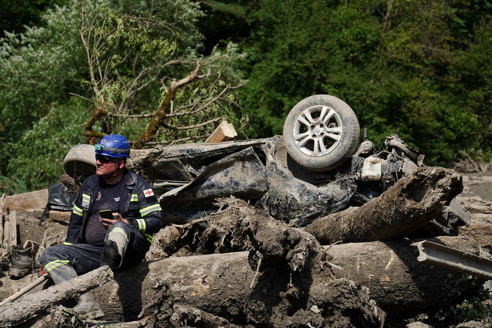 Georgian rescue worker after landslide in Shovi